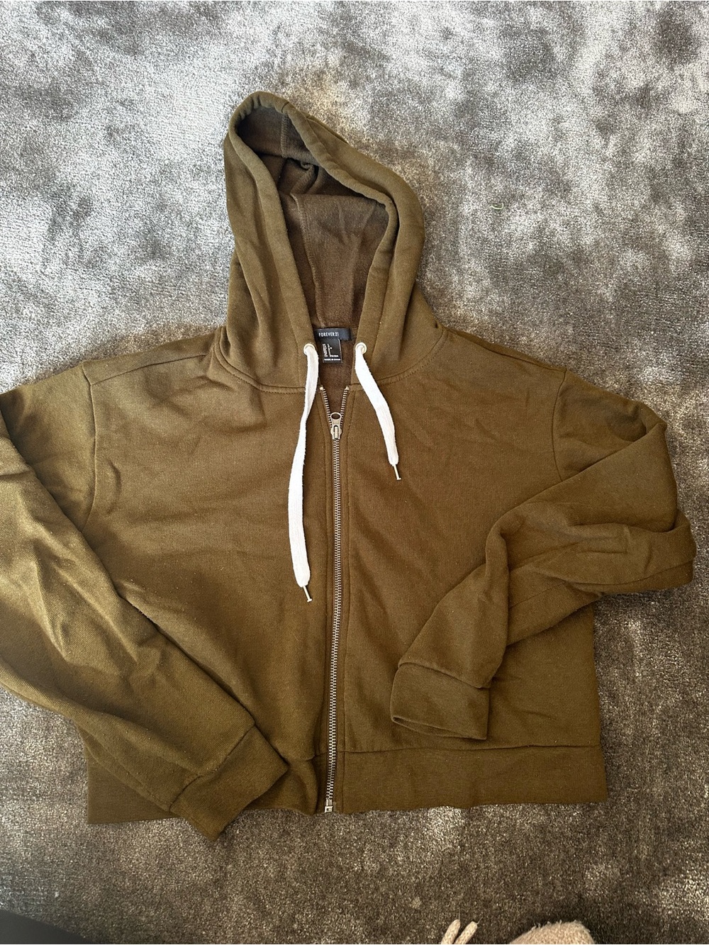 Olive Green Full-Zip Cropped Hooded Sweatshirt